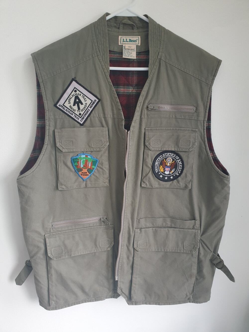 Vintage LL Bean Flannel Lined Fishing Vest Mens Large Gorpcore Cargo Patches VTG